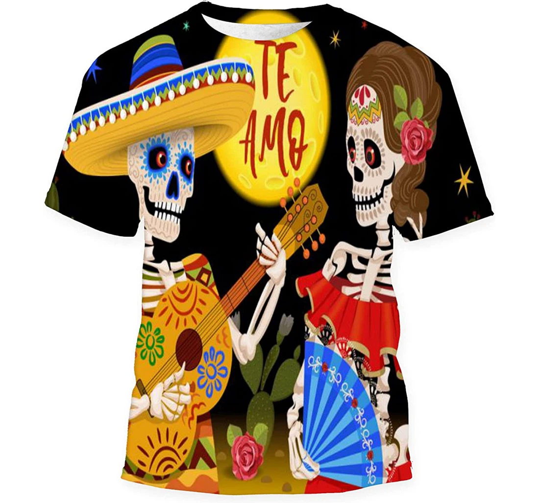 Mexican Skeleton Postcard Design Day Dead Birthday Halloween - 3D Printed T-shirt, Long Sleeves Shirt