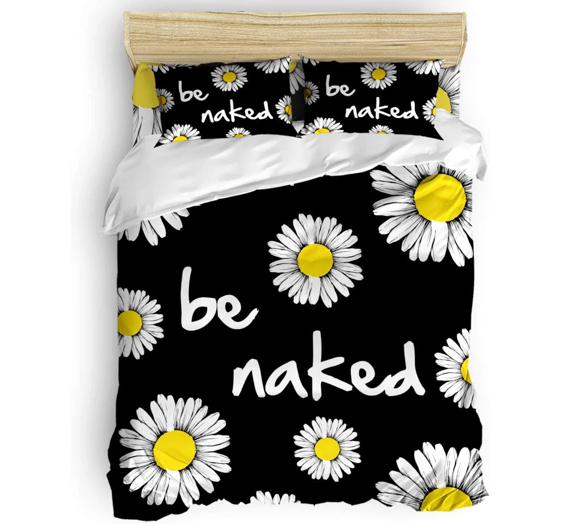 Personalized Bedding Set - White Small Daisy Flowers Tiled Be Naked Black Included 1 Ultra Soft Duvet Cover or Quilt and 2 Lightweight Breathe Pillowcases