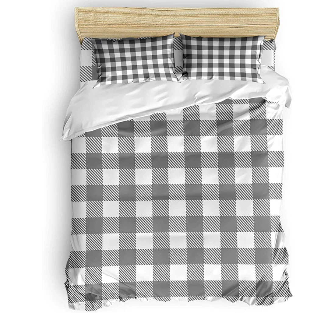 Personalized Bedding Set - Minimalist Gray White Buffalo Plaid Pastoral Style Geometry Included 1 Ultra Soft Duvet Cover or Quilt and 2 Lightweight Breathe Pillowcases