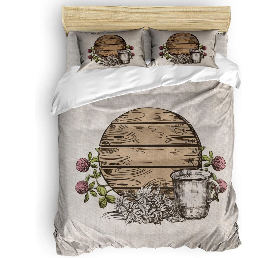 Personalized Bedding Set - Rustic Wood Board Flower Cap Retro Illustraction Included 1 Ultra Soft Duvet Cover or Quilt and 2 Lightweight Breathe Pillowcases