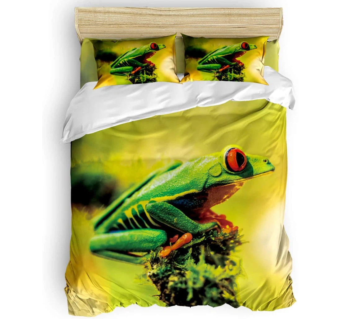 Personalized Bedding Set - Green Lihong Eye Frog Standing On The Branch Included 1 Ultra Soft Duvet Cover or Quilt and 2 Lightweight Breathe Pillowcases