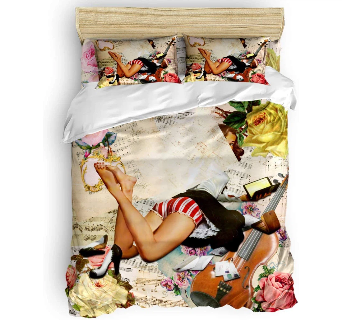 Personalized Bedding Set - Retro Fresh Flowers Violin Musical Note Backdrop Included 1 Ultra Soft Duvet Cover or Quilt and 2 Lightweight Breathe Pillowcases