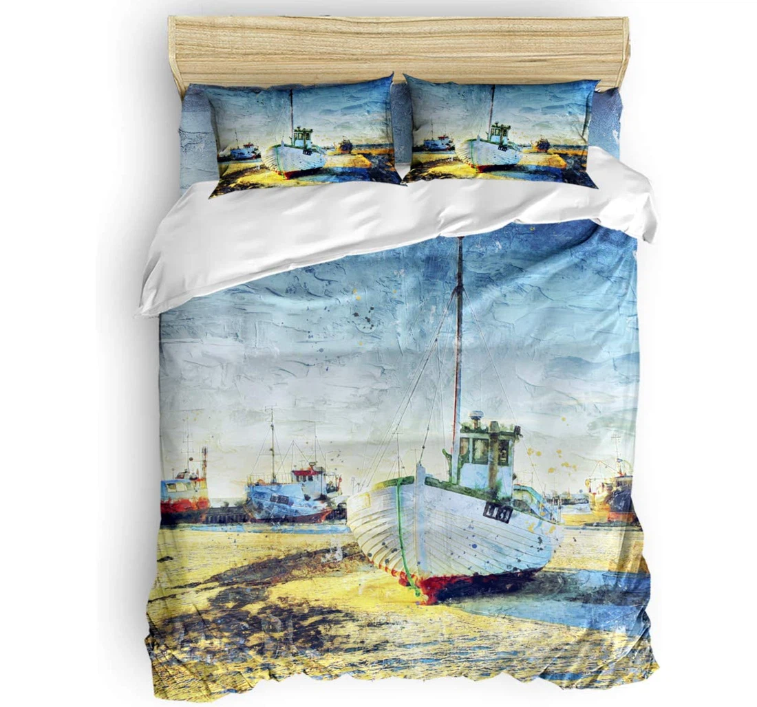 Personalized Bedding Set - Hand Drawn Steamship Seaside View Painting Included 1 Ultra Soft Duvet Cover or Quilt and 2 Lightweight Breathe Pillowcases