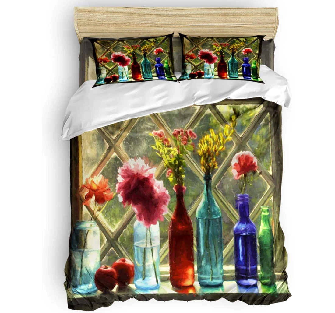 Personalized Bedding Set - Watercolor Flowers Glass Bottles Windowsill Sunshine View Included 1 Ultra Soft Duvet Cover or Quilt and 2 Lightweight Breathe Pillowcases