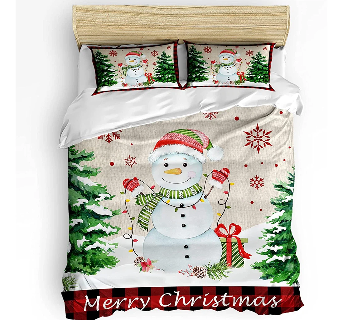 Personalized Bedding Set - Merrry Christmas Winter Snowman Tree Scenery Included 1 Ultra Soft Duvet Cover or Quilt and 2 Lightweight Breathe Pillowcases