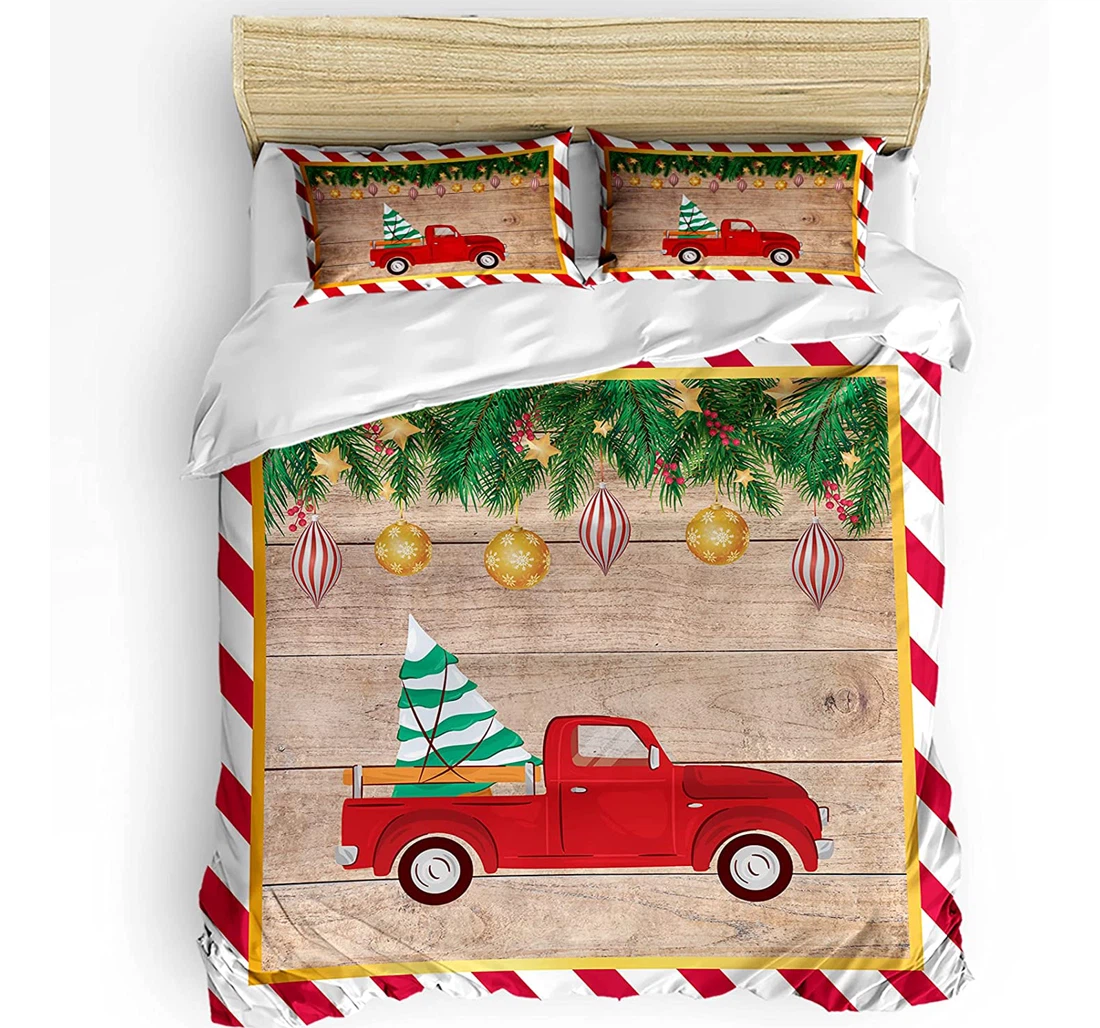 Personalized Bedding Set - Christmas Truck Pine Branches Wooden Stripes Included 1 Ultra Soft Duvet Cover or Quilt and 2 Lightweight Breathe Pillowcases