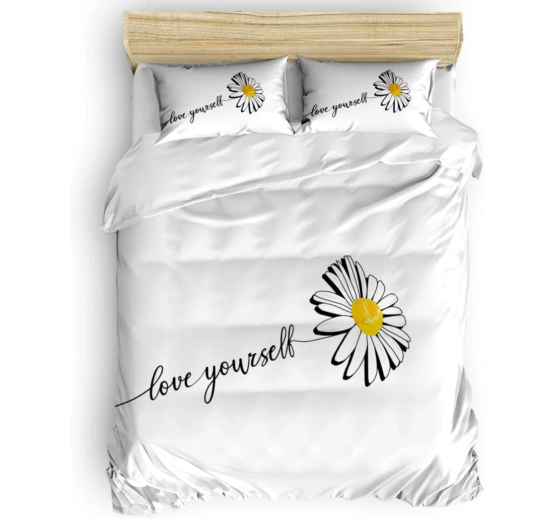Personalized Bedding Set - Daisy Love Yourself Hand Drawn Pattern Included 1 Ultra Soft Duvet Cover or Quilt and 2 Lightweight Breathe Pillowcases