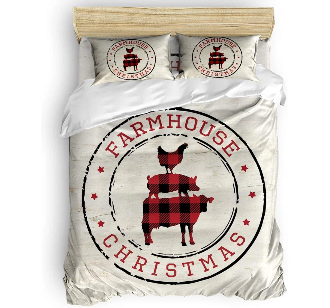 Personalized Bedding Set - Farm Christmas Animal Checkered Wooden Included 1 Ultra Soft Duvet Cover or Quilt and 2 Lightweight Breathe Pillowcases