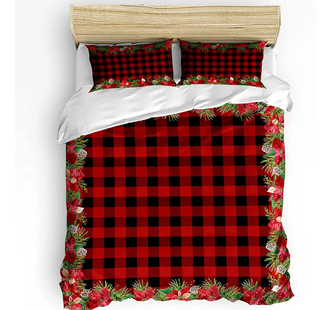 Personalized Bedding Set - Christmas Poinsettia Berries Plaid Included 1 Ultra Soft Duvet Cover or Quilt and 2 Lightweight Breathe Pillowcases