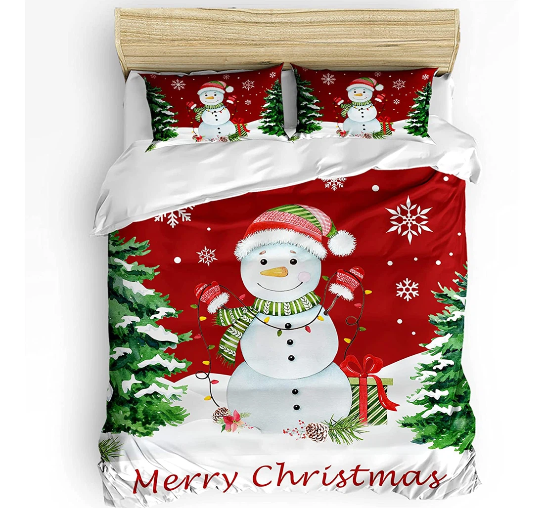 Personalized Bedding Set - Merrry Christmas Snowman Winter Snowflake Included 1 Ultra Soft Duvet Cover or Quilt and 2 Lightweight Breathe Pillowcases