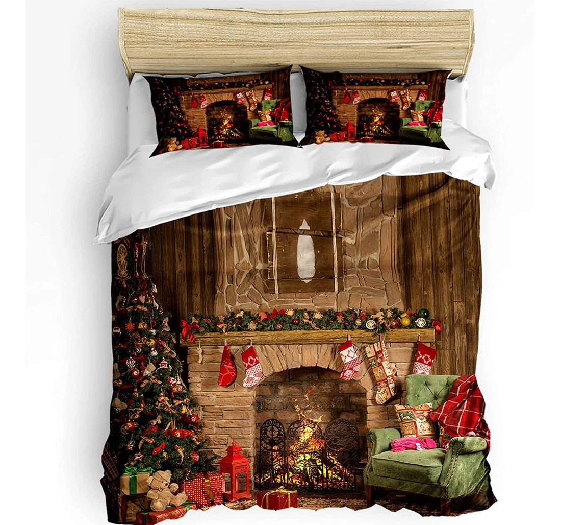 Personalized Bedding Set - Christmas Fireplace Tree Included 1 Ultra Soft Duvet Cover or Quilt and 2 Lightweight Breathe Pillowcases