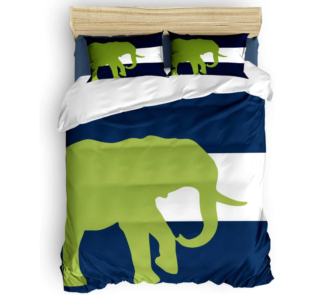Personalized Bedding Set - Green Elephant Silhouette Blue White Stripes Included 1 Ultra Soft Duvet Cover or Quilt and 2 Lightweight Breathe Pillowcases