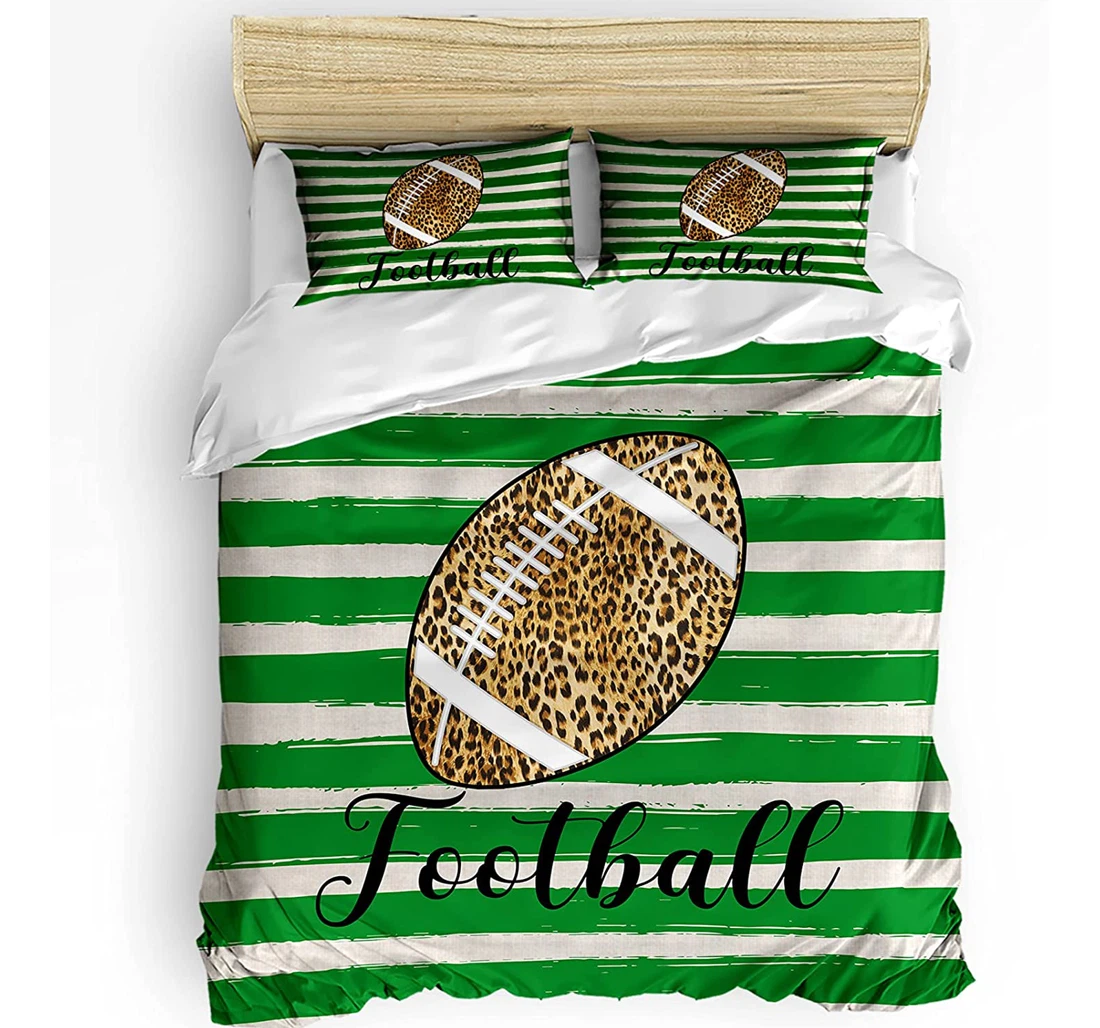 Personalized Bedding Set - Football Leopard Texture Cozy Rural Green Stripes Included 1 Ultra Soft Duvet Cover or Quilt and 2 Lightweight Breathe Pillowcases