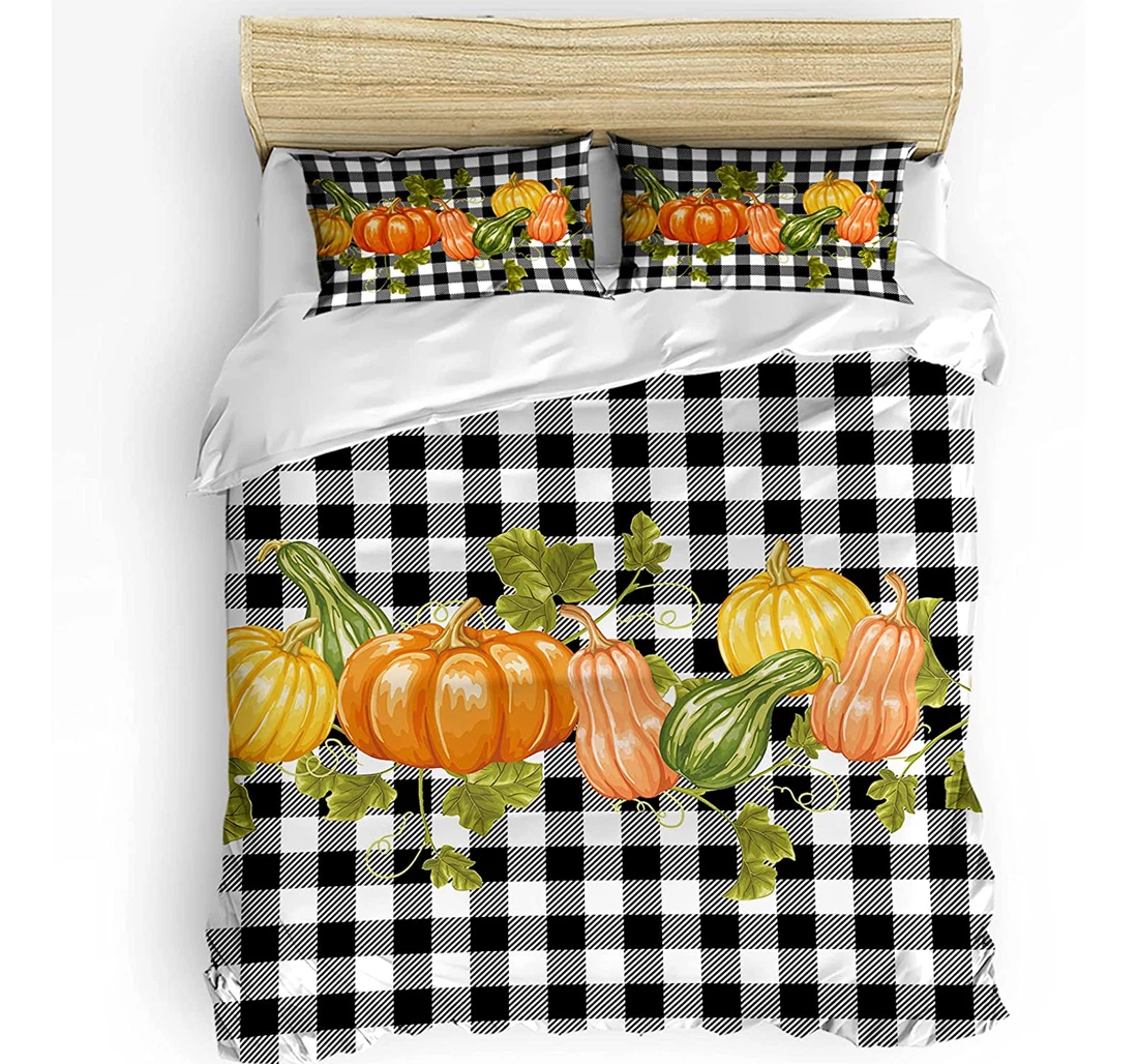 Personalized Bedding Set - Thanksgiving Pumpkins Vine Cozy Black White Checkered Included 1 Ultra Soft Duvet Cover or Quilt and 2 Lightweight Breathe Pillowcases
