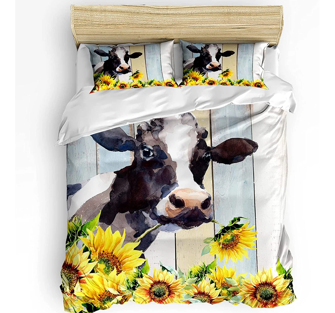 Personalized Bedding Set - Sunflowers Wooden Plank Cozy Rural Farm Cow Included 1 Ultra Soft Duvet Cover or Quilt and 2 Lightweight Breathe Pillowcases