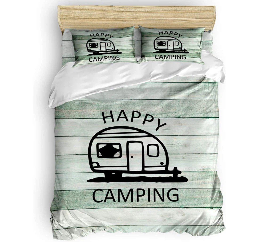 Bedding Set - Happy Camping Painting Retro Green Wood Board Included 1 Ultra Soft Duvet Cover or Quilt and 2 Lightweight Breathe Pillowcases