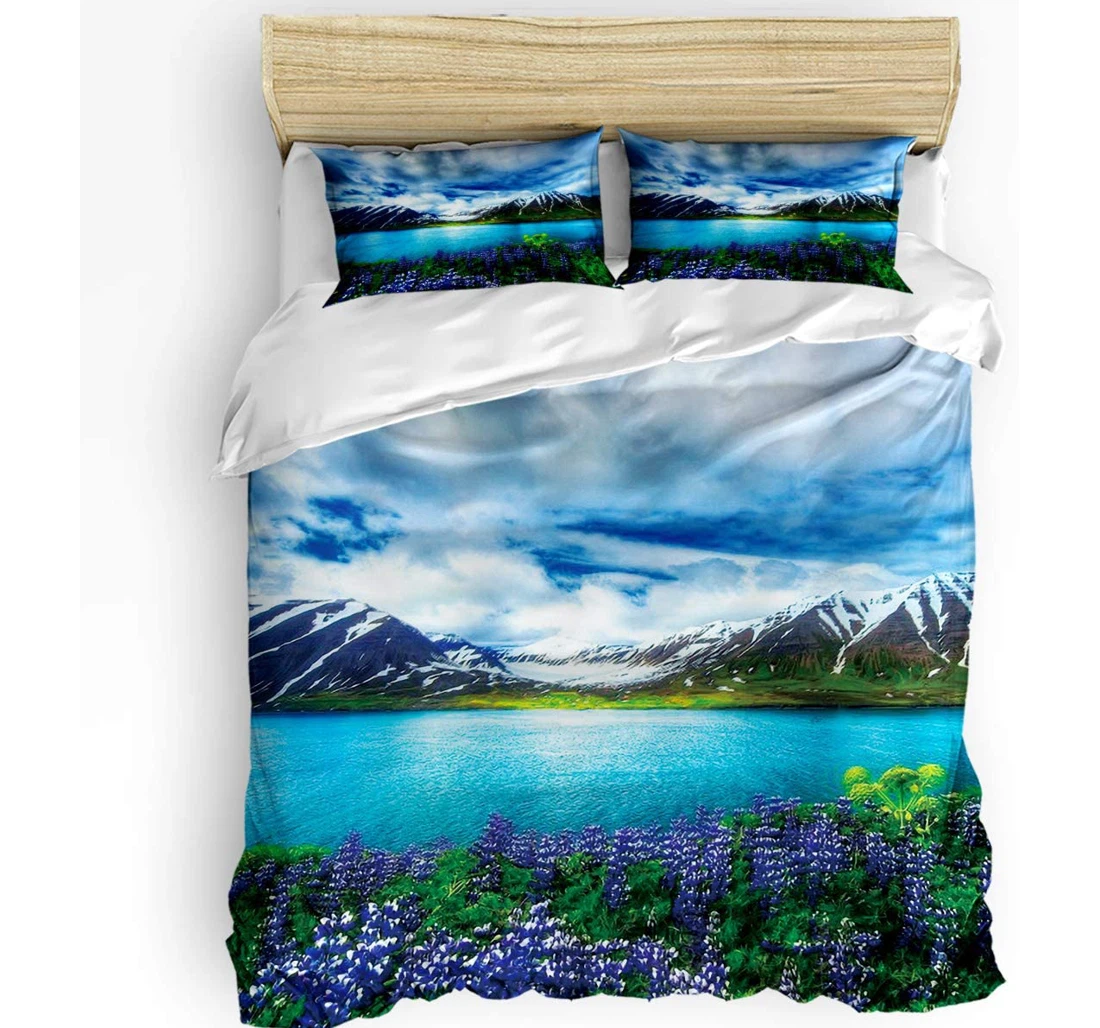 Bedding Set - Mountains Surround Lake Natural Landscape Cozy Included 1 Ultra Soft Duvet Cover or Quilt and 2 Lightweight Breathe Pillowcases