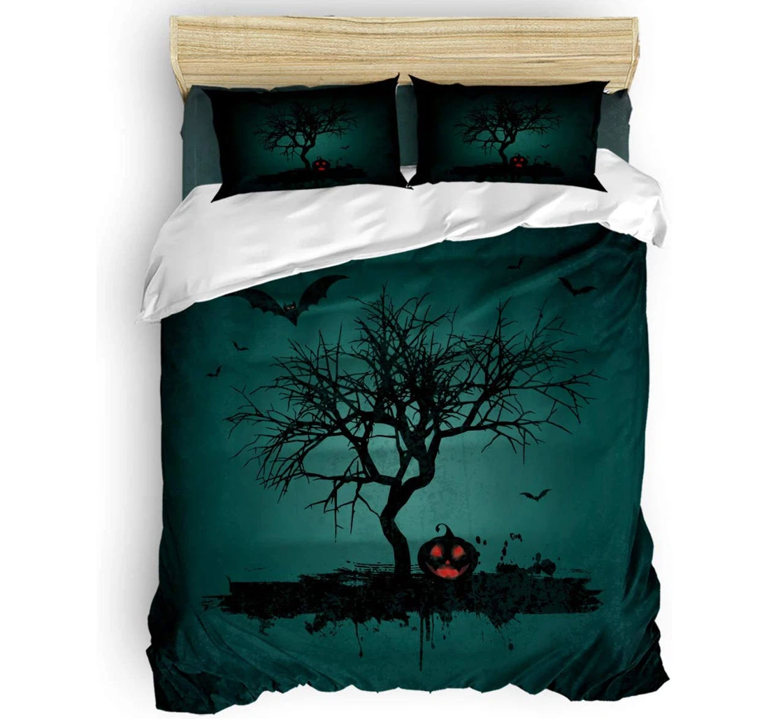 Personalized Bedding Set - Halloween Bats Dead Tree Green Pumpkins Night Included 1 Ultra Soft Duvet Cover or Quilt and 2 Lightweight Breathe Pillowcases