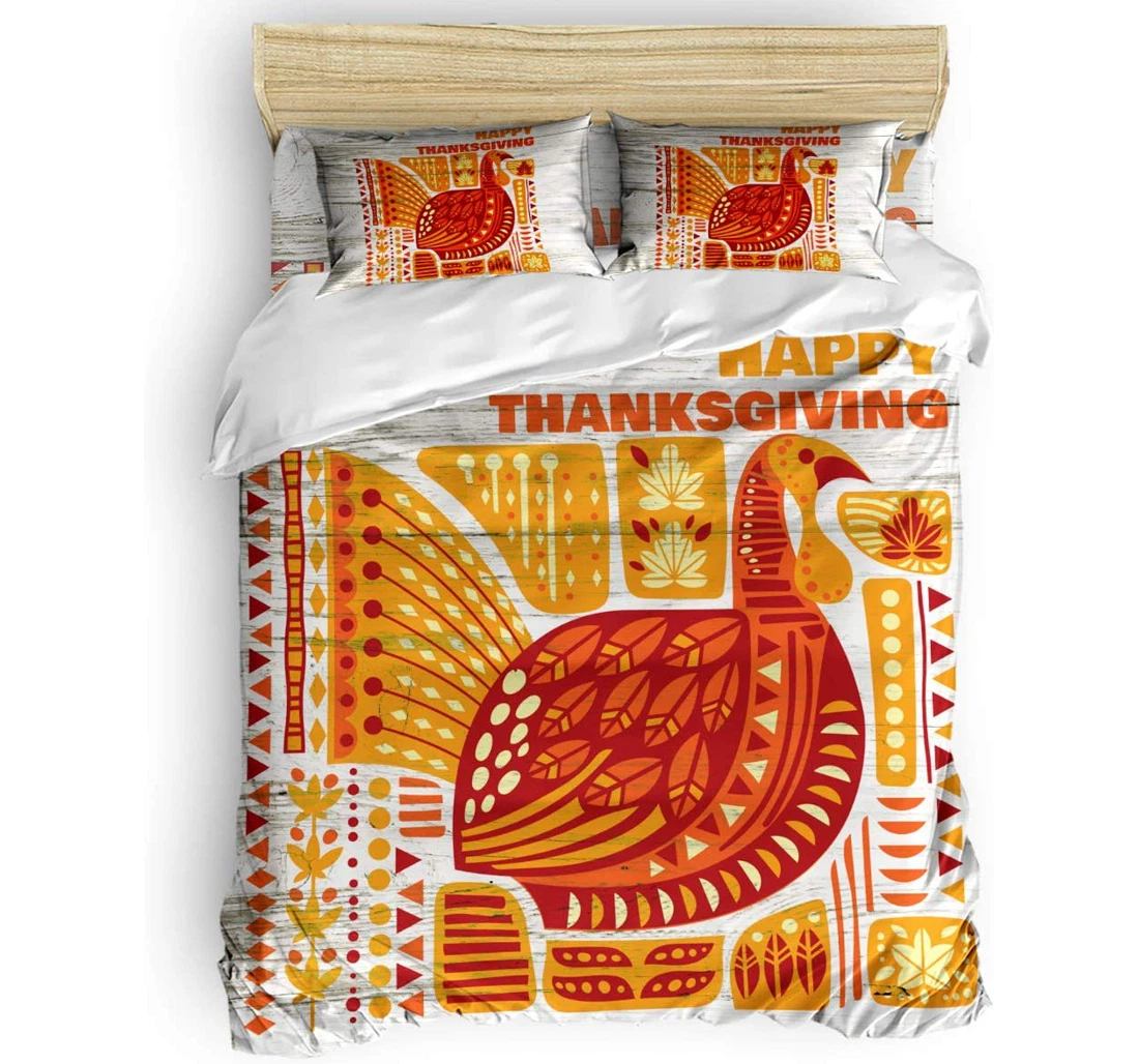 Personalized Bedding Set - Abstract Turkey Thanksgiving Orange Geometry Wood Included 1 Ultra Soft Duvet Cover or Quilt and 2 Lightweight Breathe Pillowcases