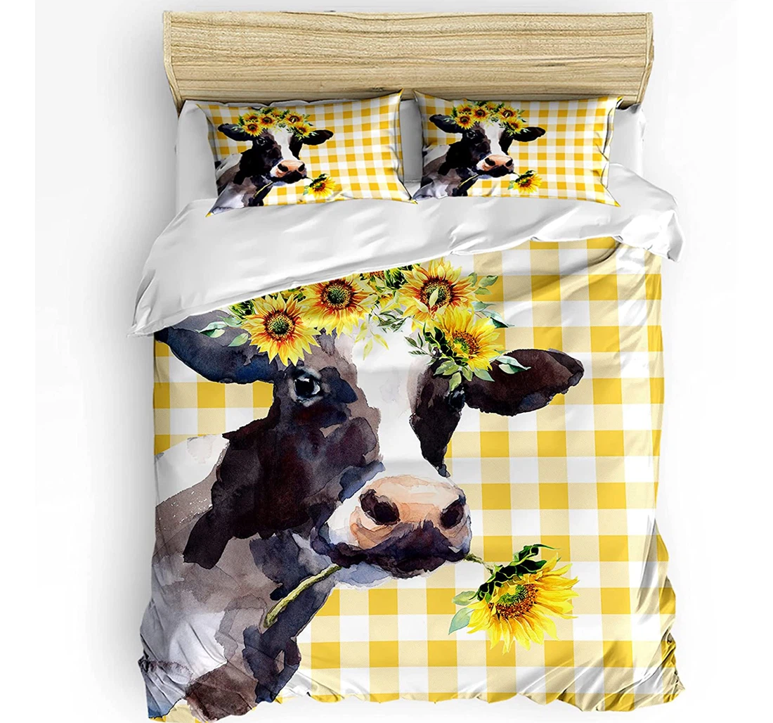 Bedding Set - Rural Cow Sunflowers Cozy Watercolor Style Yellow Lattice Included 1 Ultra Soft Duvet Cover or Quilt and 2 Lightweight Breathe Pillowcases