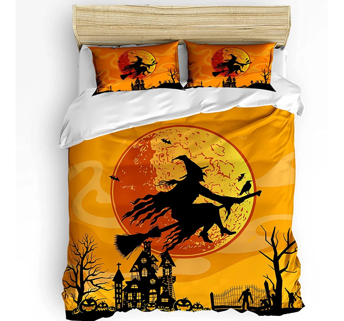Bedding Set - Witch Castle Black Silhouettes Cozy Halloween Orange Moon Included 1 Ultra Soft Duvet Cover or Quilt and 2 Lightweight Breathe Pillowcases