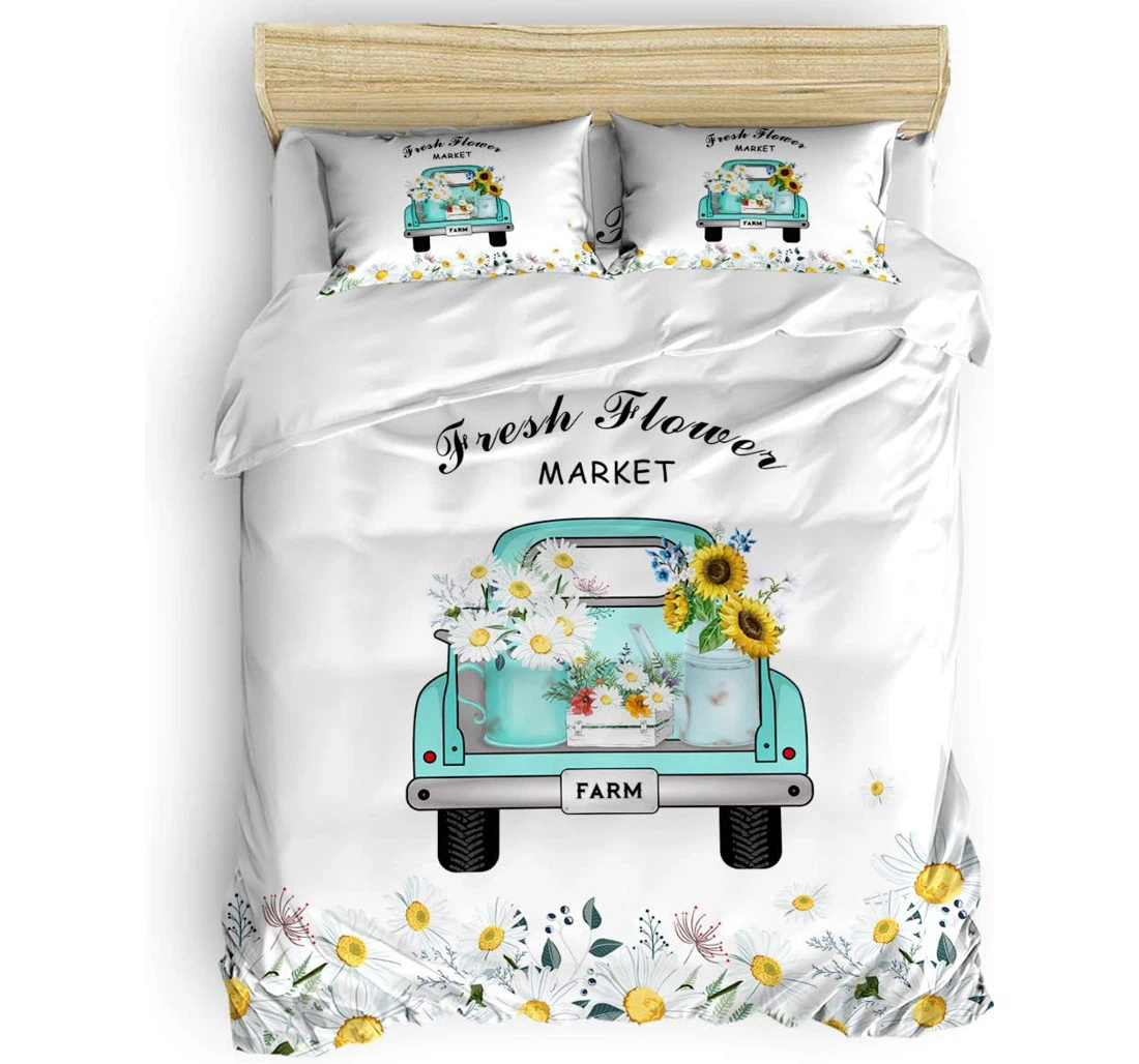 Personalized Bedding Set - Farm Daisies Sunflowers Truck Fresh Flower Market Included 1 Ultra Soft Duvet Cover or Quilt and 2 Lightweight Breathe Pillowcases