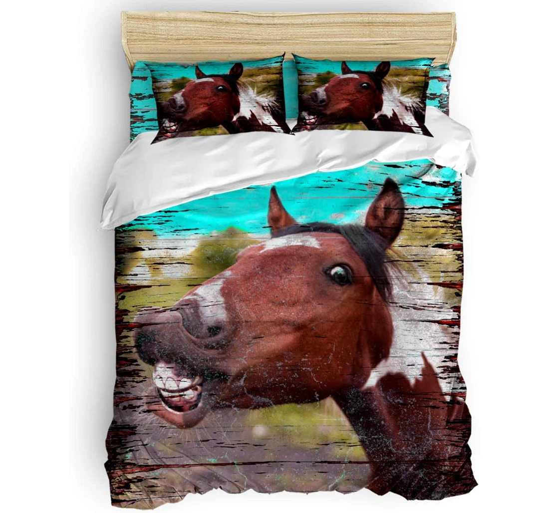 Personalized Bedding Set - Close-up Wild Horse Vintage Shabby Wooden Grain Included 1 Ultra Soft Duvet Cover or Quilt and 2 Lightweight Breathe Pillowcases