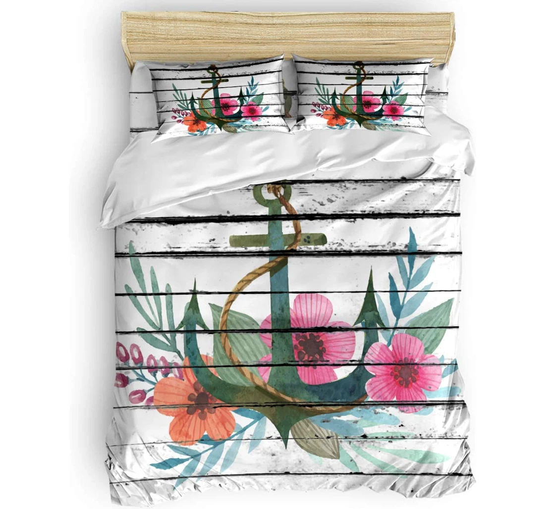 Personalized Bedding Set - Watercolor Anchor Flowers Shabby Wood Stripes Grain Included 1 Ultra Soft Duvet Cover or Quilt and 2 Lightweight Breathe Pillowcases