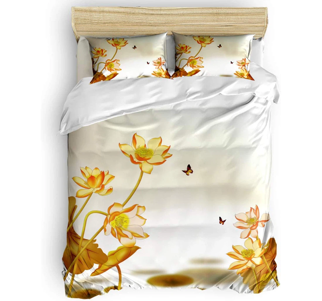 Personalized Bedding Set - Yellow Lotus Butterfly Ink Style Included 1 Ultra Soft Duvet Cover or Quilt and 2 Lightweight Breathe Pillowcases