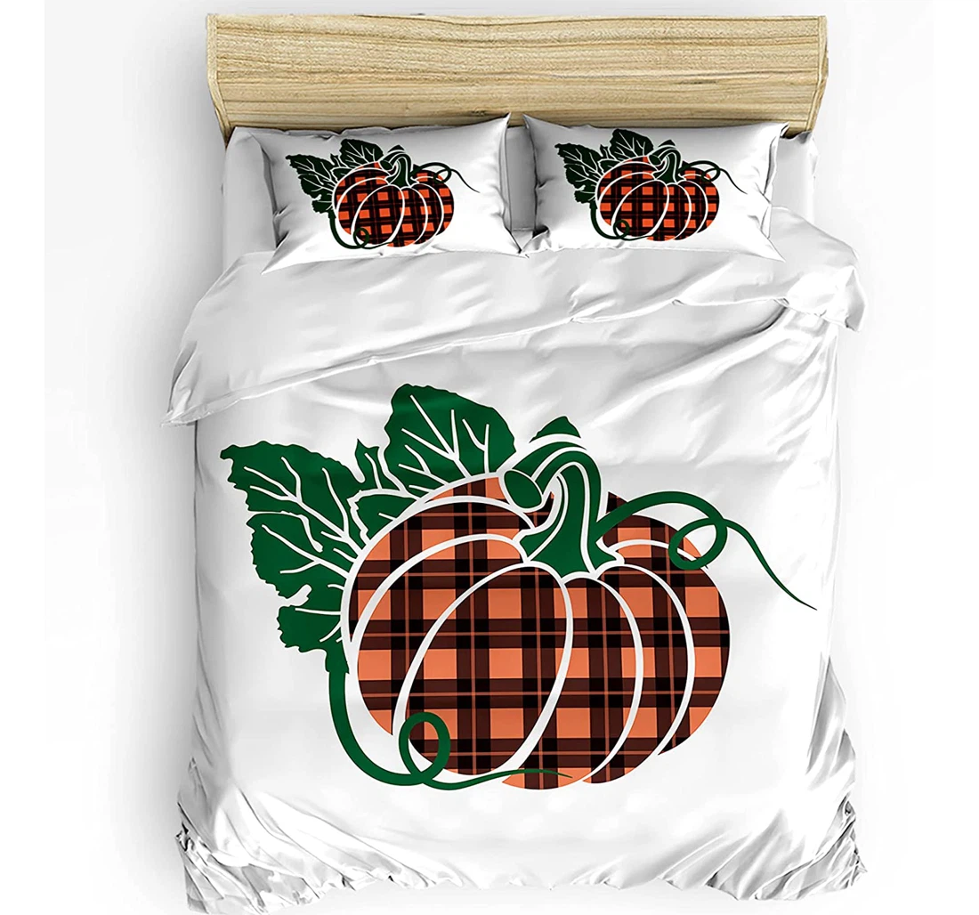 Personalized Bedding Set - Thanksgiving Pumpkins Paint Cozy Orange Black Checkered Included 1 Ultra Soft Duvet Cover or Quilt and 2 Lightweight Breathe Pillowcases
