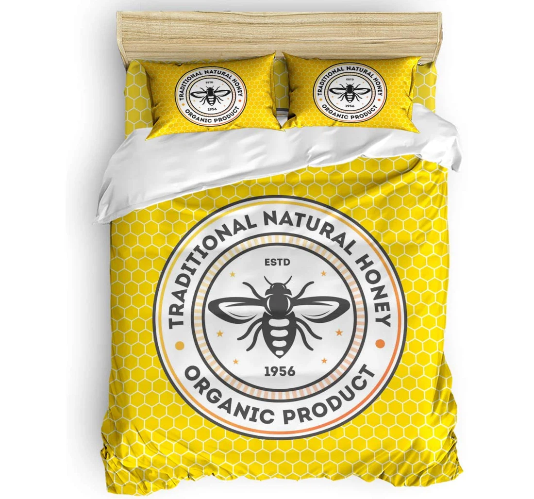 Personalized Bedding Set - Round Shape Of Bee Floral Yellow Geometry Diamond Included 1 Ultra Soft Duvet Cover or Quilt and 2 Lightweight Breathe Pillowcases
