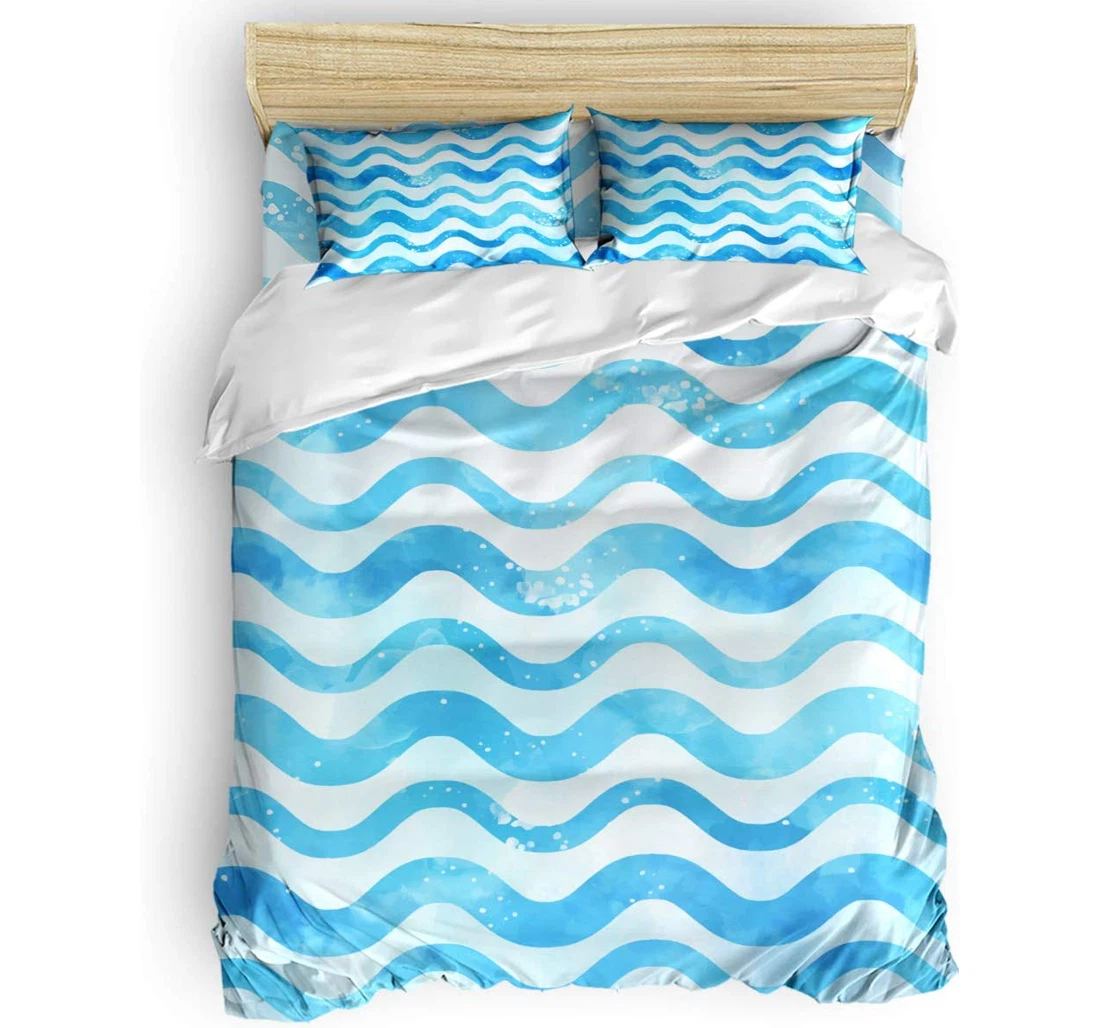 Personalized Bedding Set - Blue Wave Lines Watercolor Geometry Included 1 Ultra Soft Duvet Cover or Quilt and 2 Lightweight Breathe Pillowcases