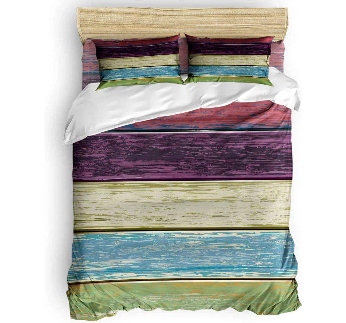 Personalized Bedding Set - Colorful Rustic Wood Grain Rural Farm Texture Included 1 Ultra Soft Duvet Cover or Quilt and 2 Lightweight Breathe Pillowcases