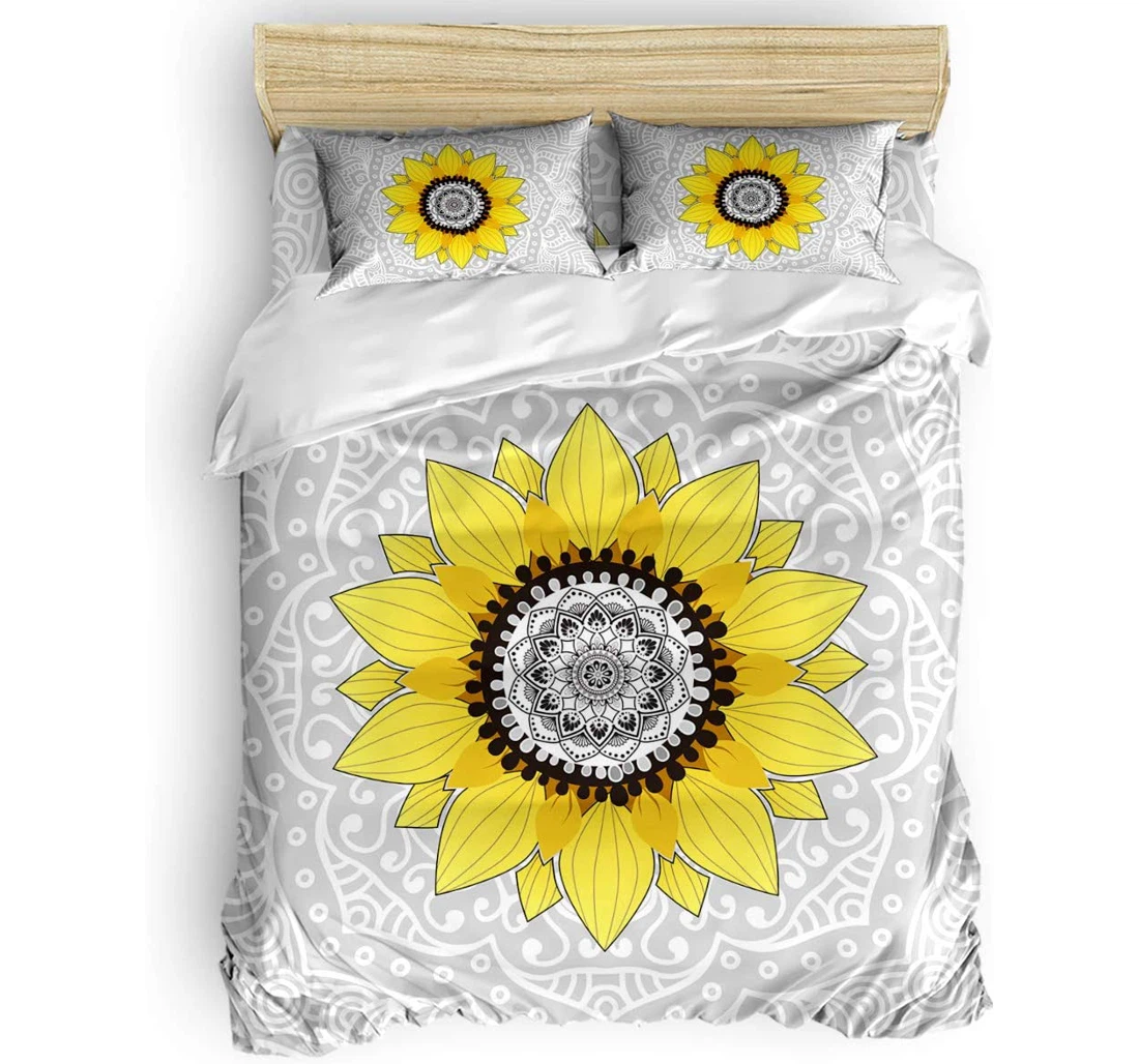 Personalized Bedding Set - Sunflower Petal Mandala Floral Gray Backdrop Included 1 Ultra Soft Duvet Cover or Quilt and 2 Lightweight Breathe Pillowcases