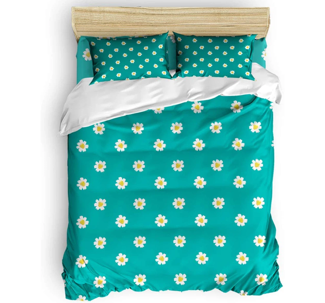 Personalized Bedding Set - White Daisies Tiled Green Backdrop Included 1 Ultra Soft Duvet Cover or Quilt and 2 Lightweight Breathe Pillowcases