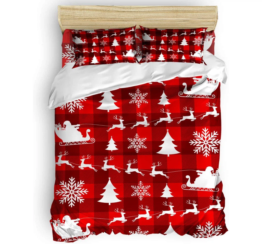 Personalized Bedding Set - Santa Pine Tree Elk Snowflake Christmas Plaid Included 1 Ultra Soft Duvet Cover or Quilt and 2 Lightweight Breathe Pillowcases