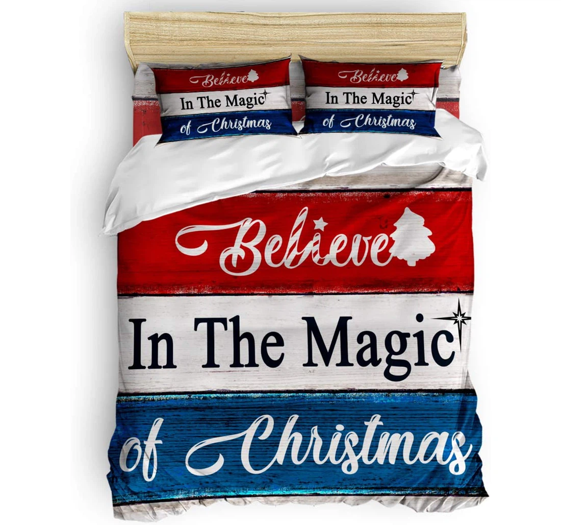 Personalized Bedding Set - Believe The Magic Of Christmas Rustic Wood Board Included 1 Ultra Soft Duvet Cover or Quilt and 2 Lightweight Breathe Pillowcases