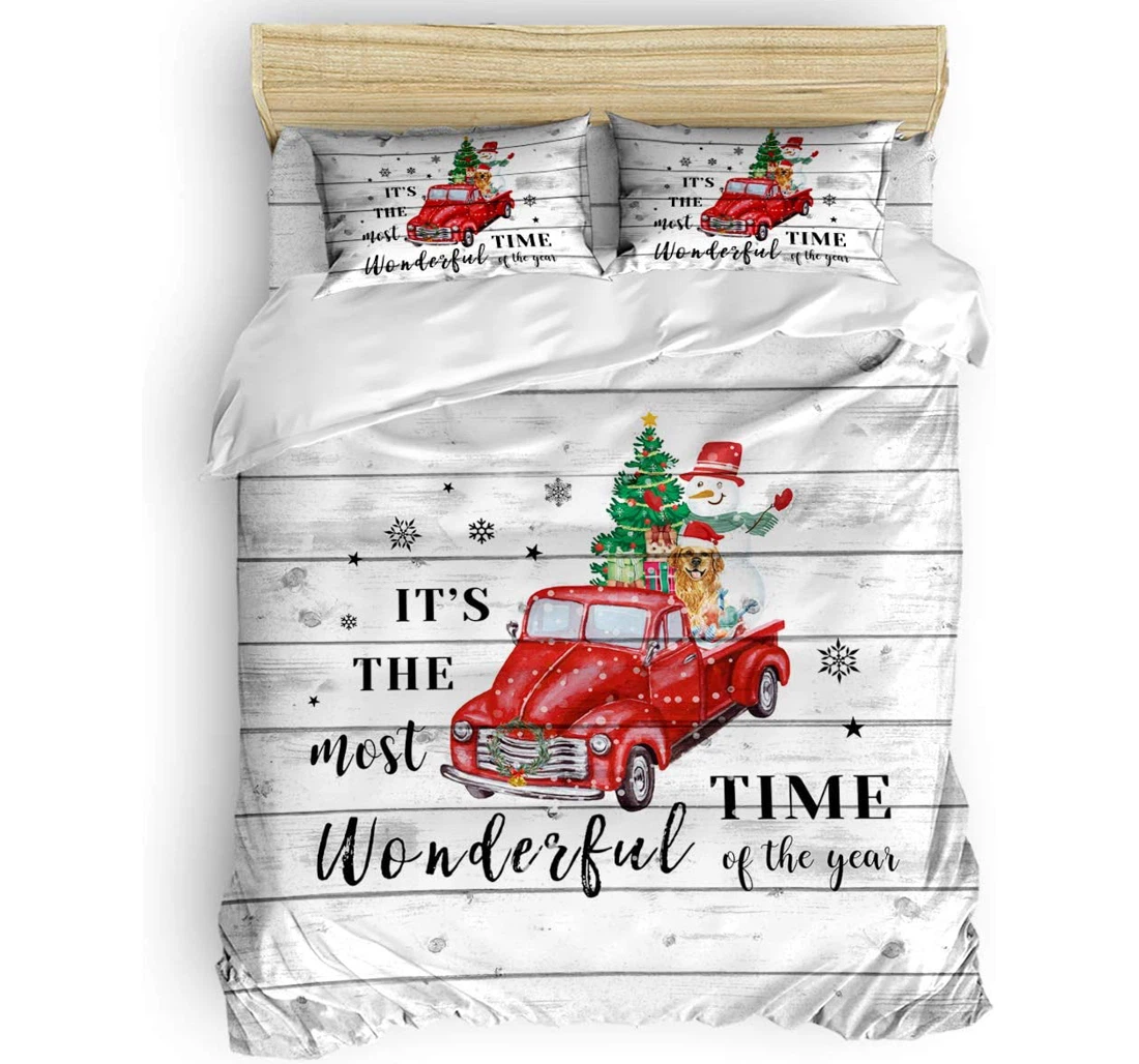 Personalized Bedding Set - Christmas Truck Tree Snowman Retro Wooden Included 1 Ultra Soft Duvet Cover or Quilt and 2 Lightweight Breathe Pillowcases