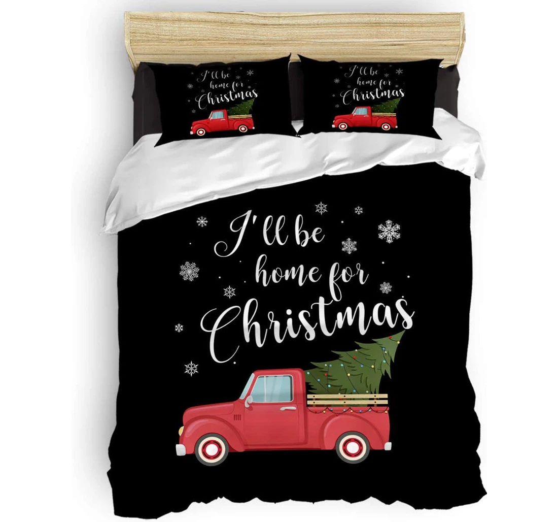 Personalized Bedding Set - Christmas Truck Loads Of Tree Snowflake Black Included 1 Ultra Soft Duvet Cover or Quilt and 2 Lightweight Breathe Pillowcases