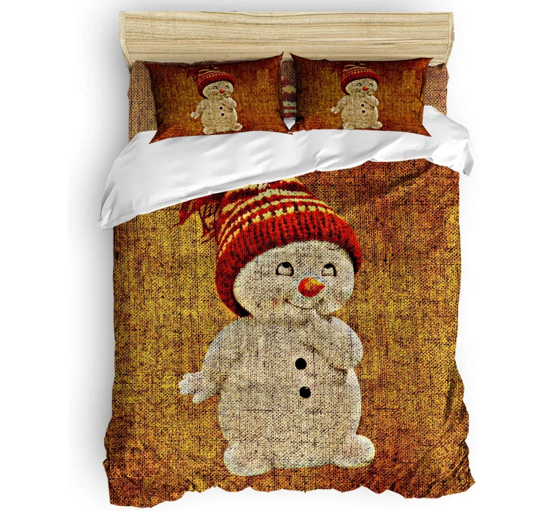 Personalized Bedding Set - Cute Snowman Christmas Hat Retro Burlap Backdrop Included 1 Ultra Soft Duvet Cover or Quilt and 2 Lightweight Breathe Pillowcases