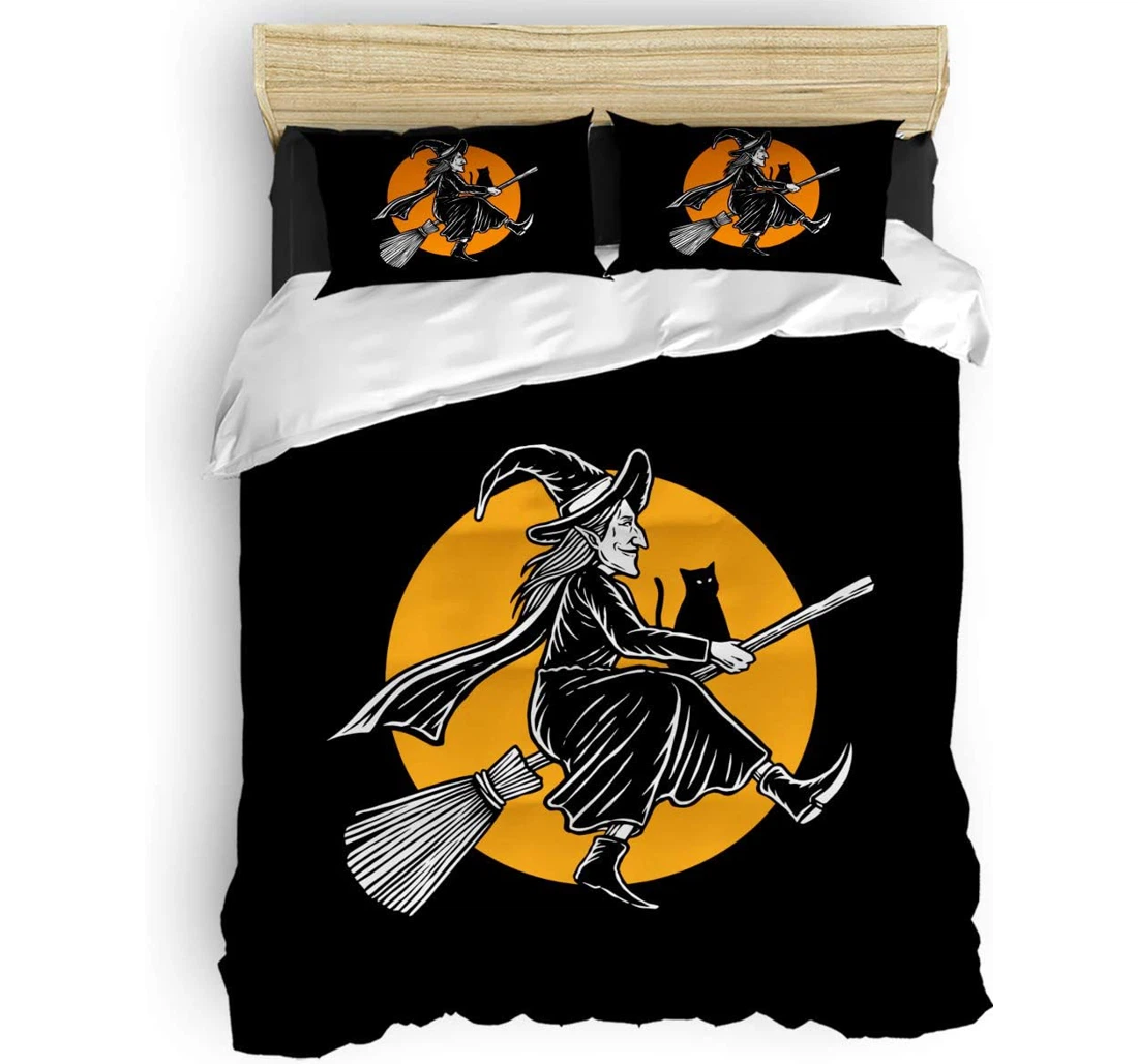 Personalized Bedding Set - Witch Broom Orange Moon Halloween Paint Included 1 Ultra Soft Duvet Cover or Quilt and 2 Lightweight Breathe Pillowcases