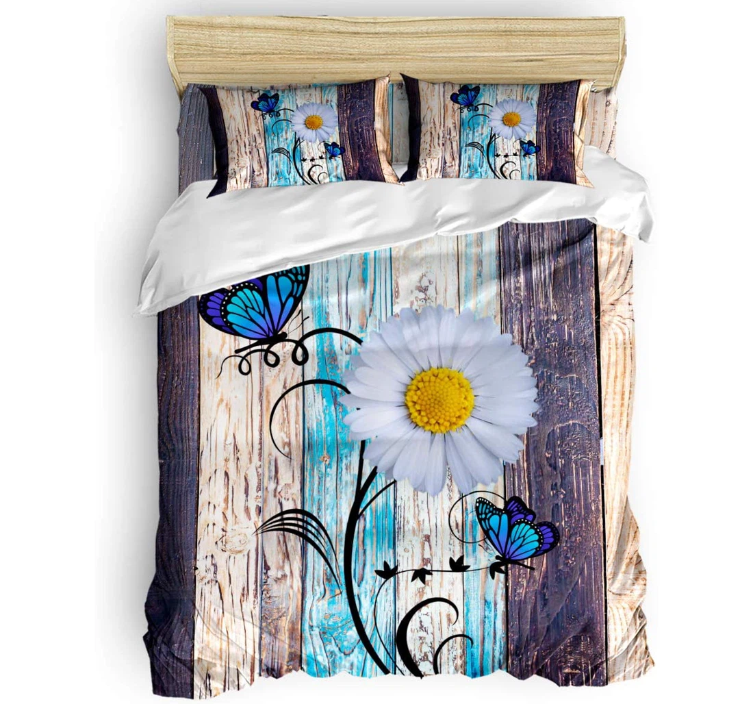 Personalized Bedding Set - White Daisy Blue Butterfly Rustic Wood Grain Included 1 Ultra Soft Duvet Cover or Quilt and 2 Lightweight Breathe Pillowcases
