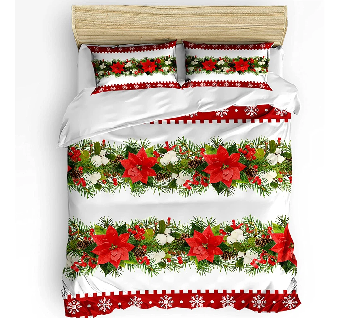 Personalized Bedding Set - Christmas Holiday Poinsettia Included 1 Ultra Soft Duvet Cover or Quilt and 2 Lightweight Breathe Pillowcases