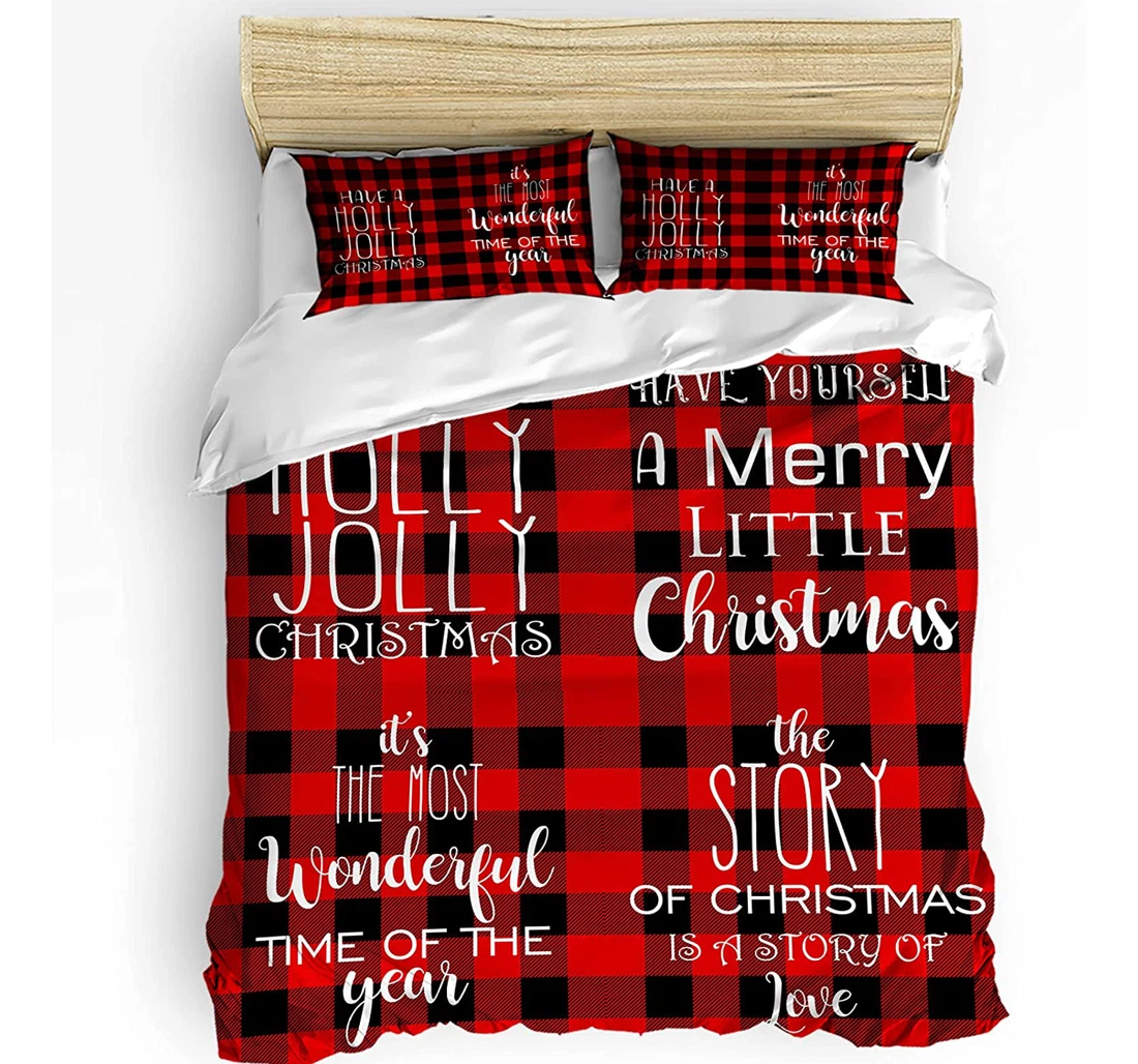 Personalized Bedding Set - Christmas Theme Text Black Checkered Included 1 Ultra Soft Duvet Cover or Quilt and 2 Lightweight Breathe Pillowcases