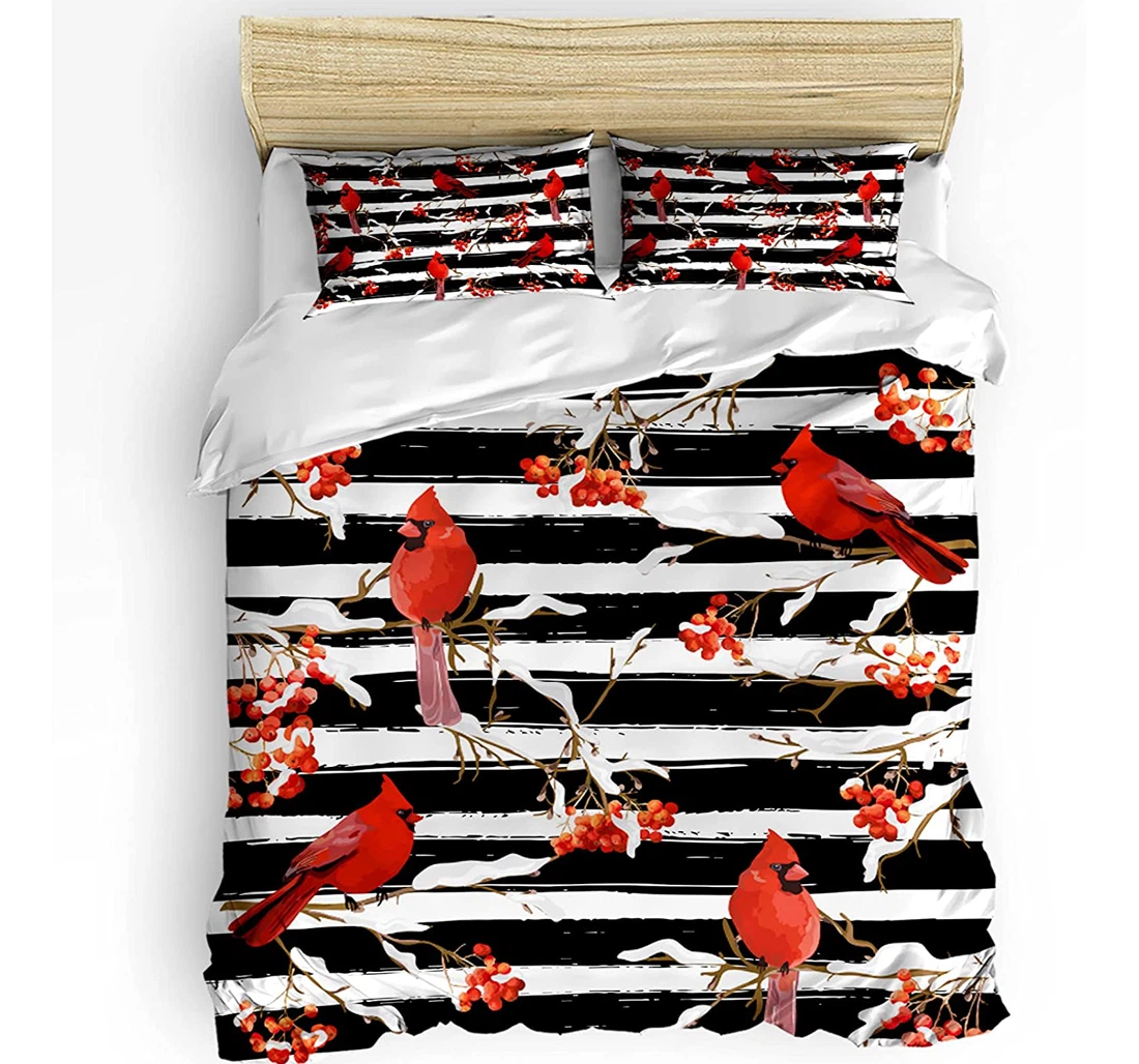 Personalized Bedding Set - Christmas Robin Bird Black Stripes Painted Included 1 Ultra Soft Duvet Cover or Quilt and 2 Lightweight Breathe Pillowcases