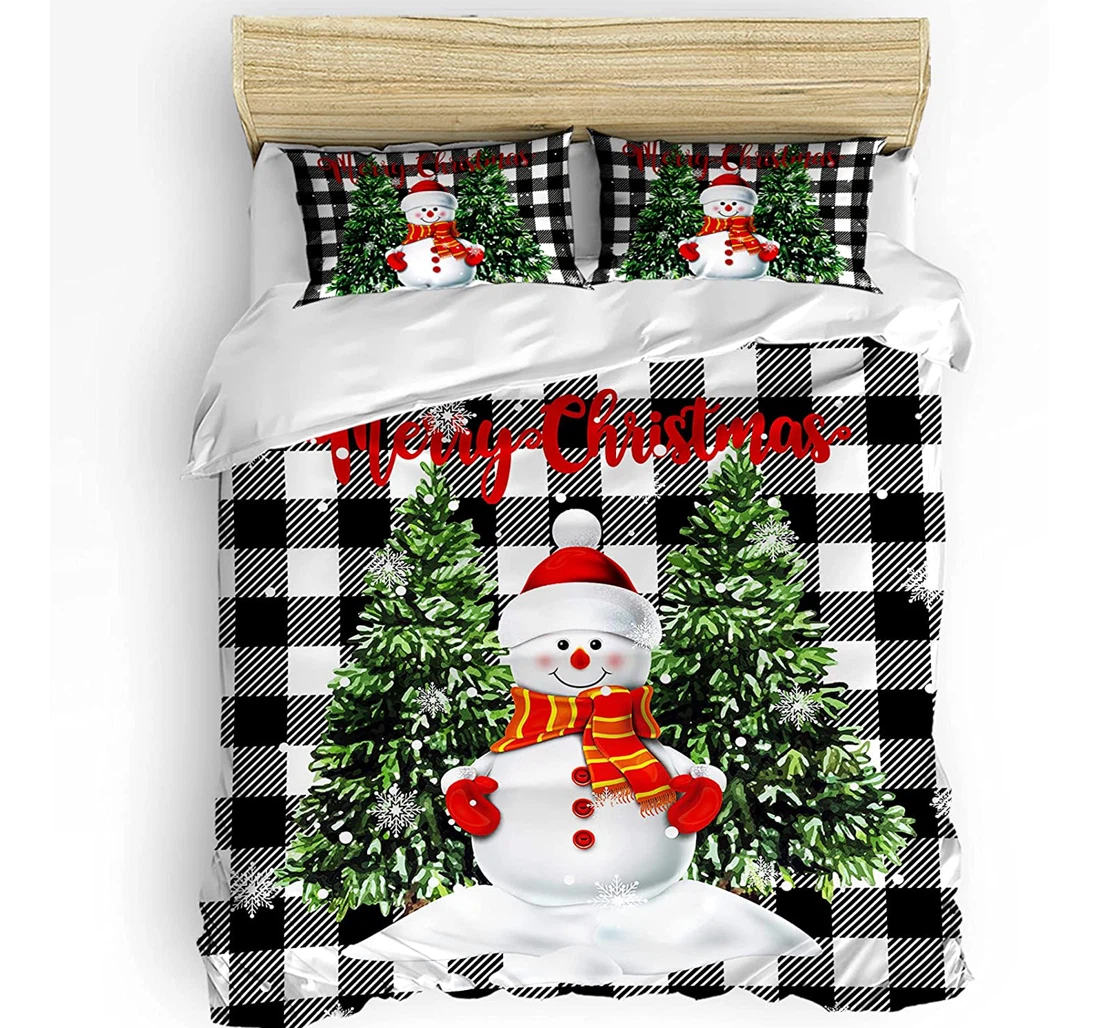 Personalized Bedding Set - Merry Christmas Tree Winter Snowman Black White Plaid Included 1 Ultra Soft Duvet Cover or Quilt and 2 Lightweight Breathe Pillowcases