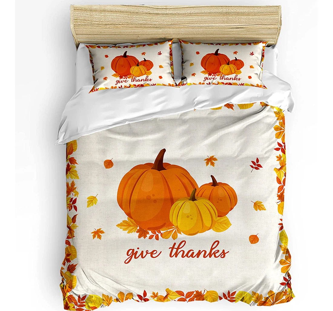 Personalized Bedding Set - Thanksgiving Maple Leaf Give Thanks Farmhouse Style Cozy Included 1 Ultra Soft Duvet Cover or Quilt and 2 Lightweight Breathe Pillowcases