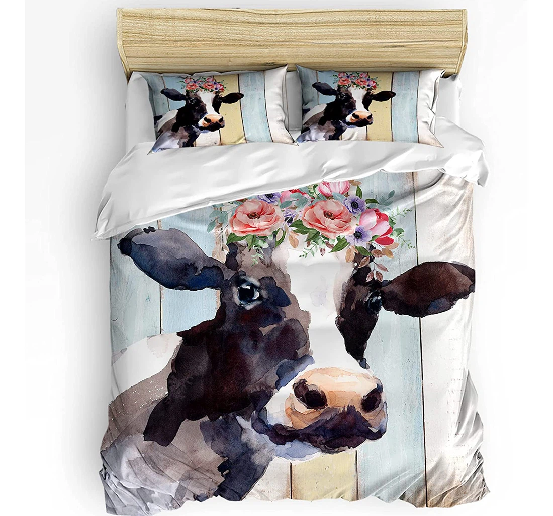 Personalized Bedding Set - Cow Wears Wreath Watercolor Wooden Grain Included 1 Ultra Soft Duvet Cover or Quilt and 2 Lightweight Breathe Pillowcases
