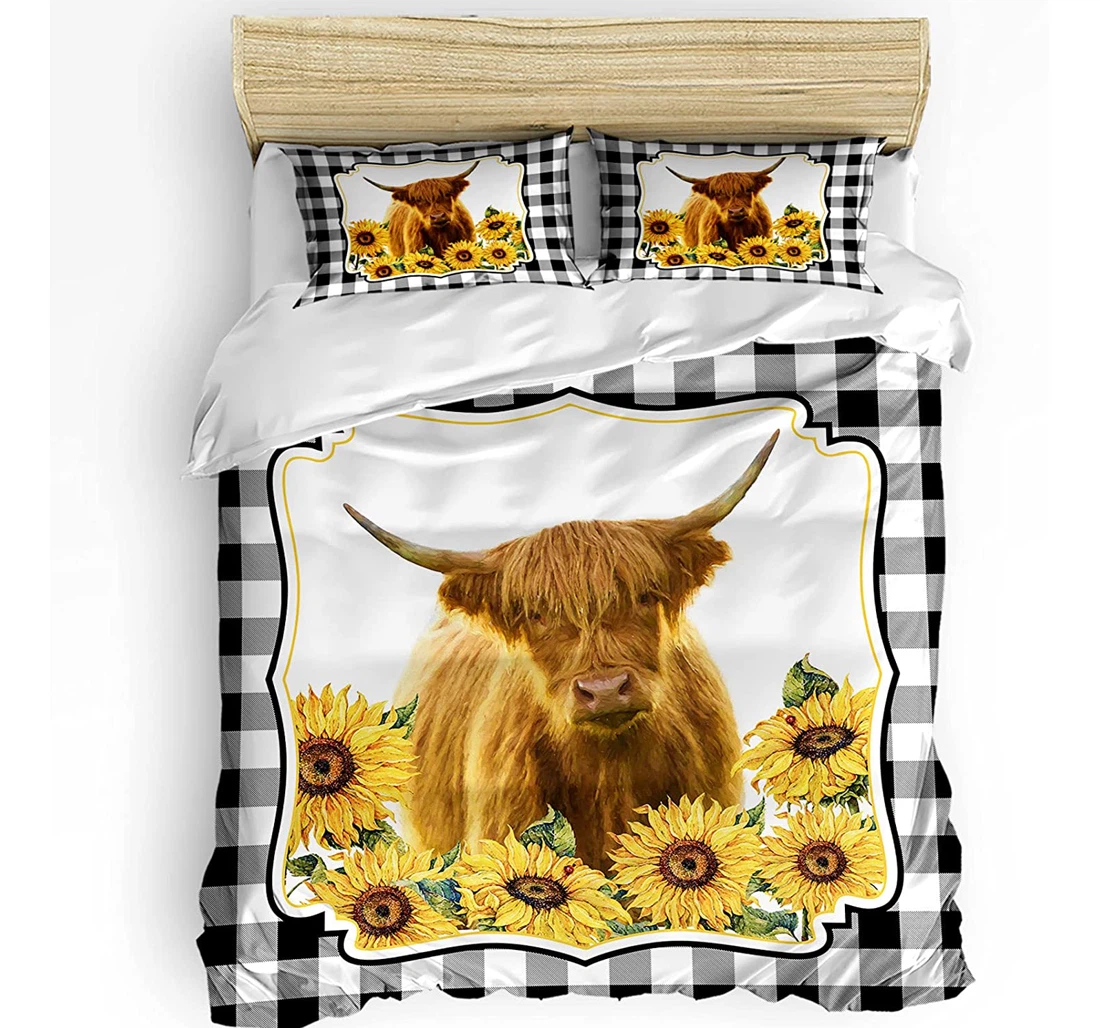 Personalized Bedding Set - Highland Cattle Animal Sunflowers Cozy Checkered Backdrop Included 1 Ultra Soft Duvet Cover or Quilt and 2 Lightweight Breathe Pillowcases