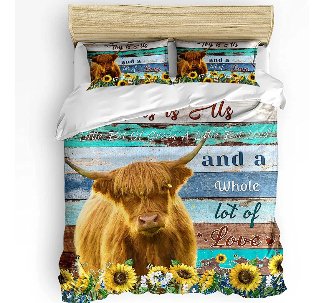 Personalized Bedding Set - Farm Highland Cattle Sunflower Wood Plank Retro Included 1 Ultra Soft Duvet Cover or Quilt and 2 Lightweight Breathe Pillowcases